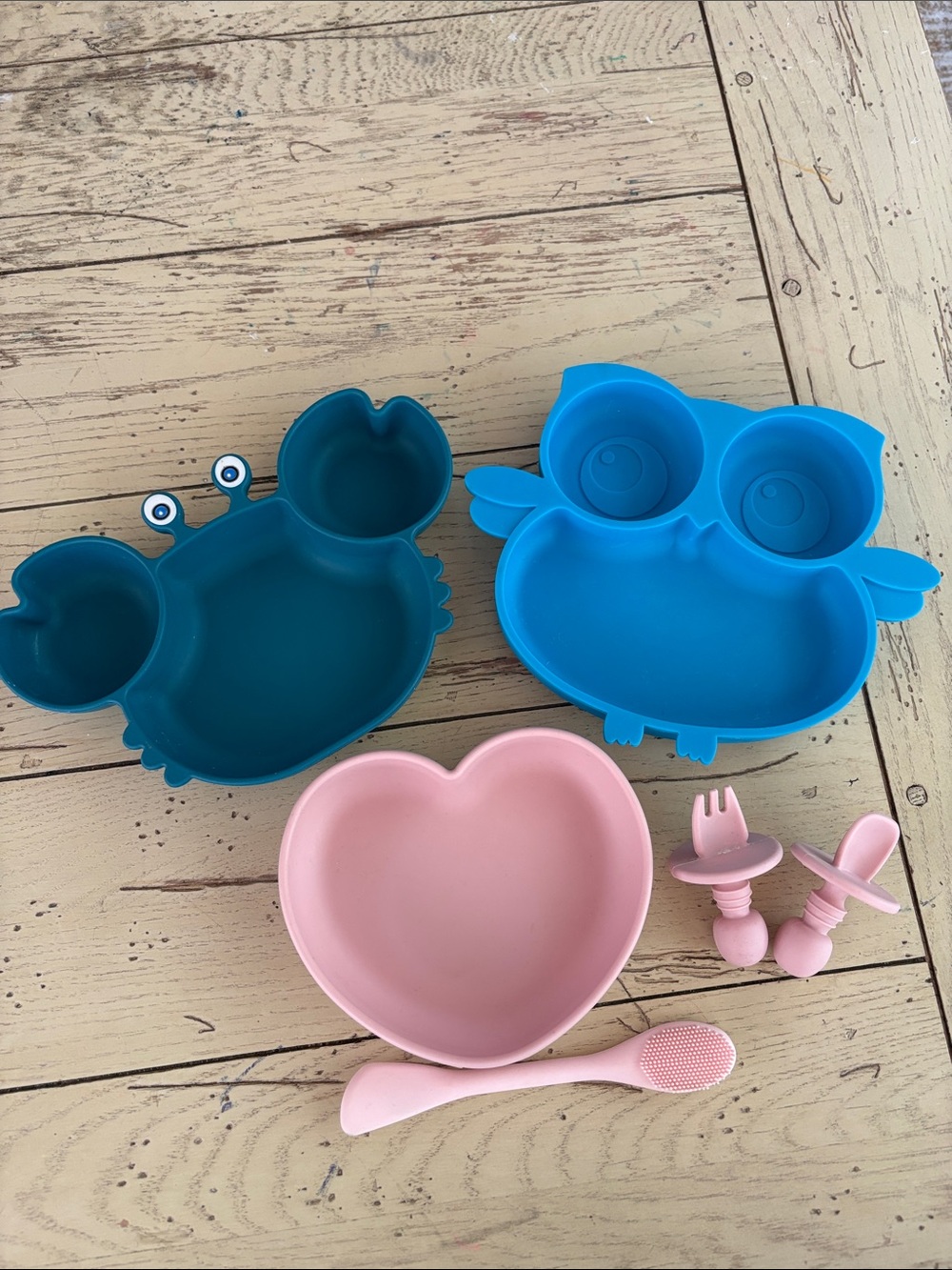Silicone Kids Suction Meal Set - Crab & Owl Divided Plates, Heart Bowl, Utensils